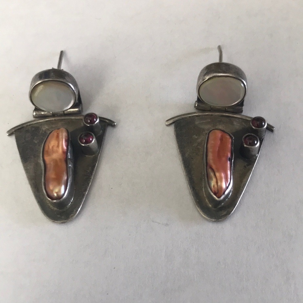 Vintage Stainless Silver Biwa Pearl Garnet Artisan Earrings